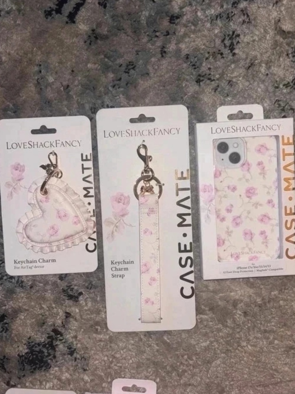 LoveShackFancy casemate bundle iPhone case, airtag keychain, & keychain strap